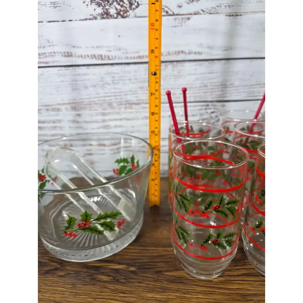 Vintage Indiana Glass Christmas Holly Hostess Set Ice Bucket Glasses READ